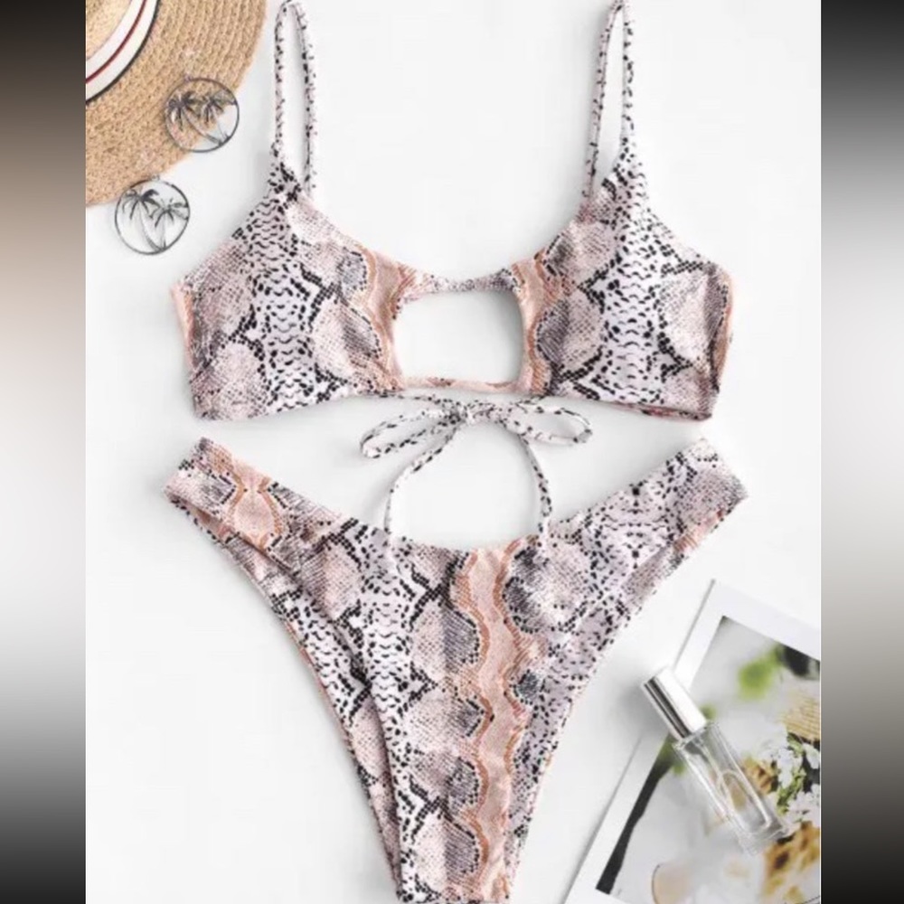 Snakeskin Cutout High Cut Bikini Swimsuit - Size M
